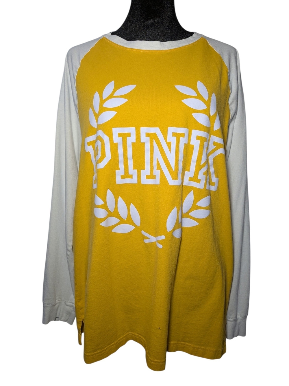 Victoria's Secret PINK Raglan Long Sleeve Shirt Varsity Laurel Golden Yellow